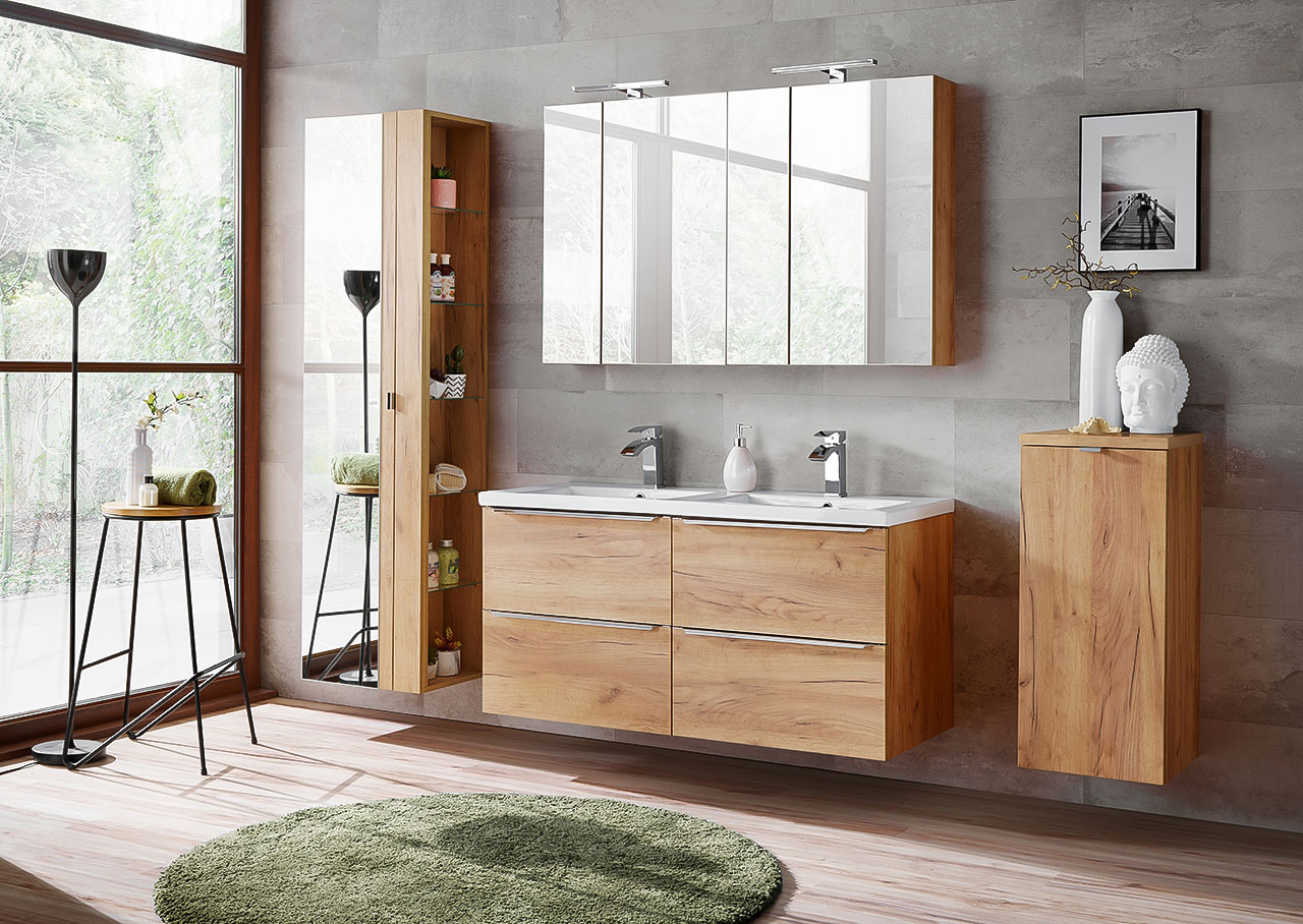 Bathroom cabinet with mirror FORT 842 golden oak