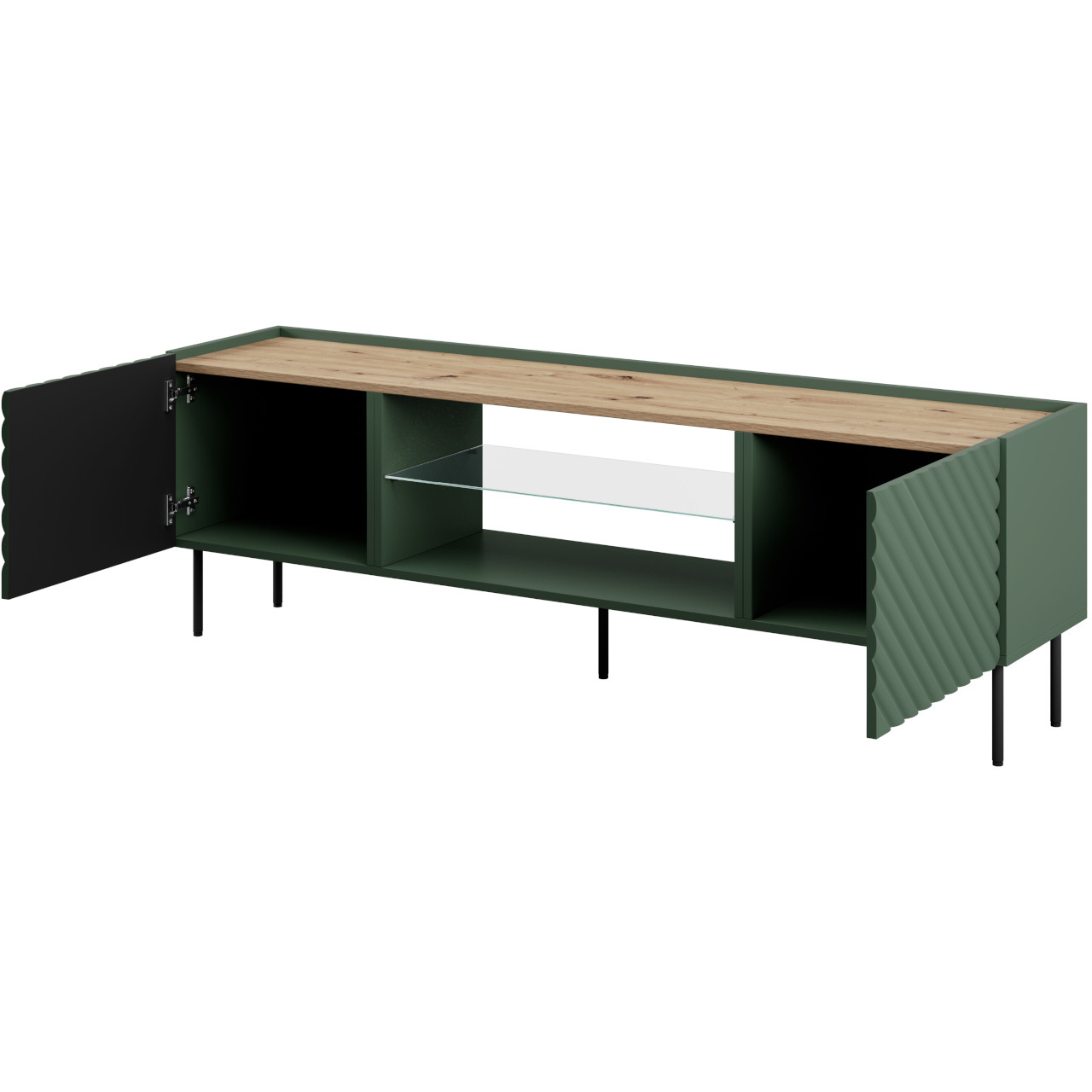 TV cabinet with glass shelf INDA EF green / artisan oak
