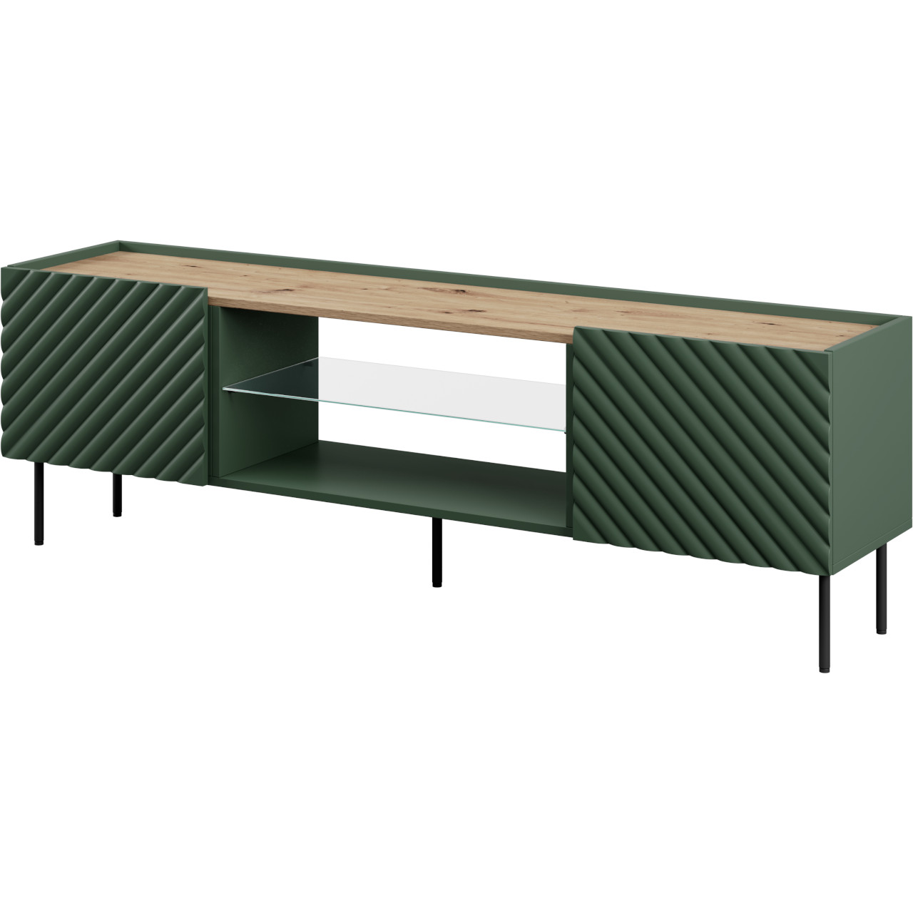 TV cabinet with glass shelf INDA EF green / artisan oak