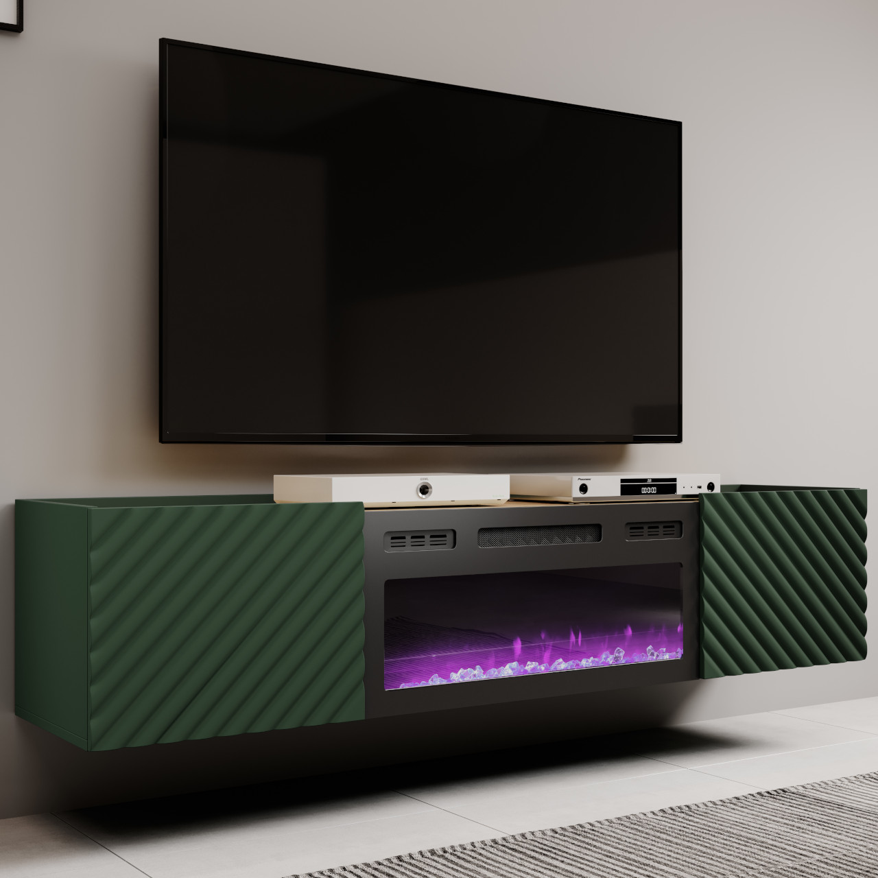 TV cabinet with electric fireplace INDA EF green / artisan oak
