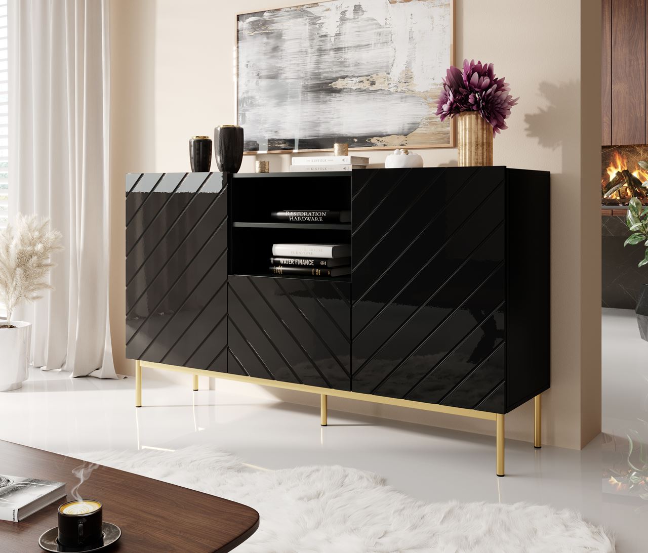 Storage cabinet ABETO black / golden frame