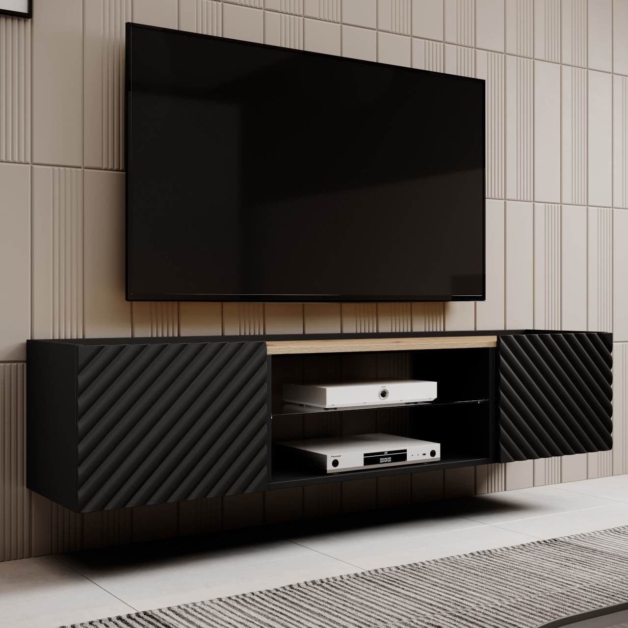 TV cabinet with glass shelf INDA EF black / artisan oak
