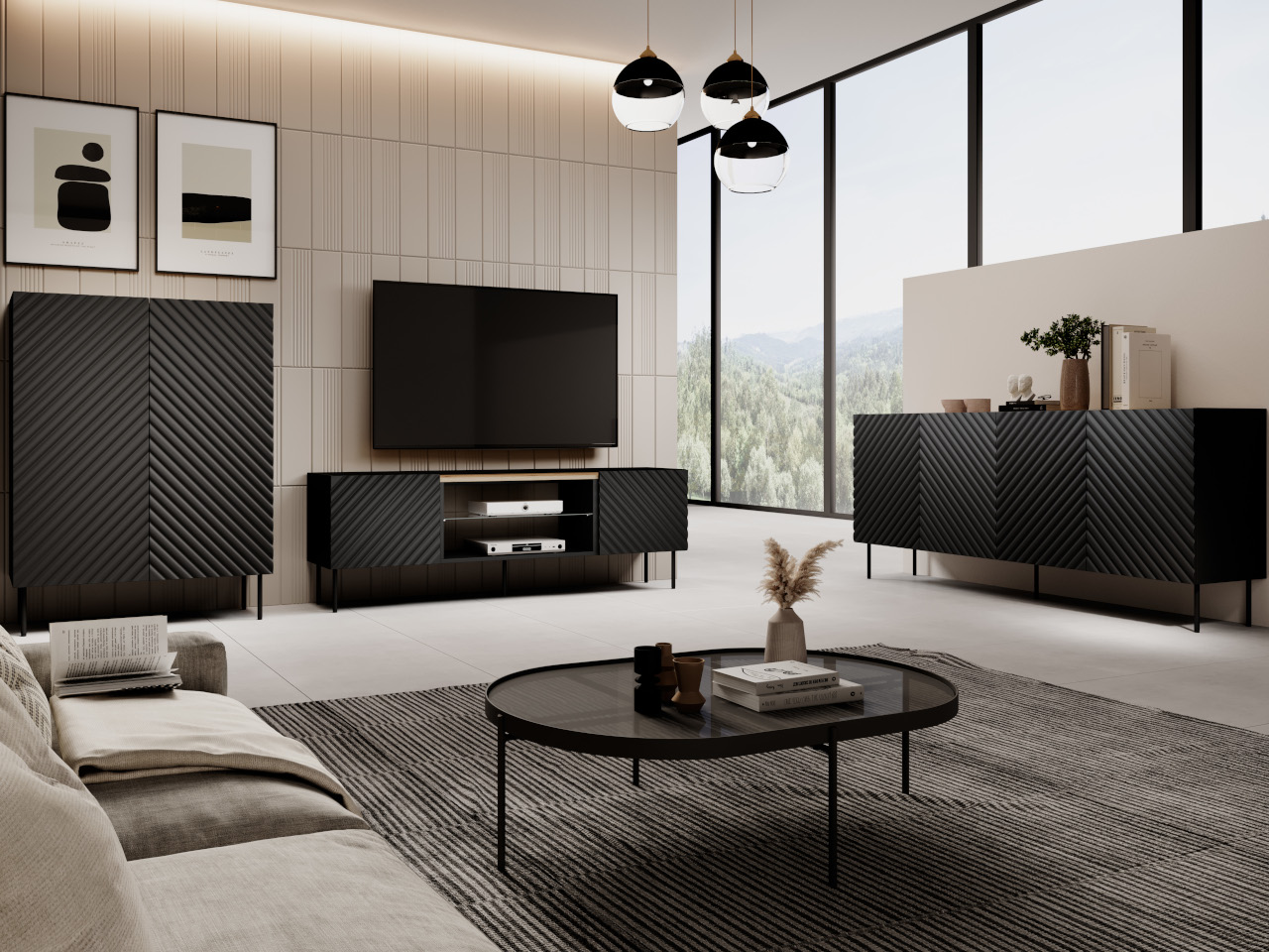 TV cabinet with electric fireplace INDA EF black / artisan oak