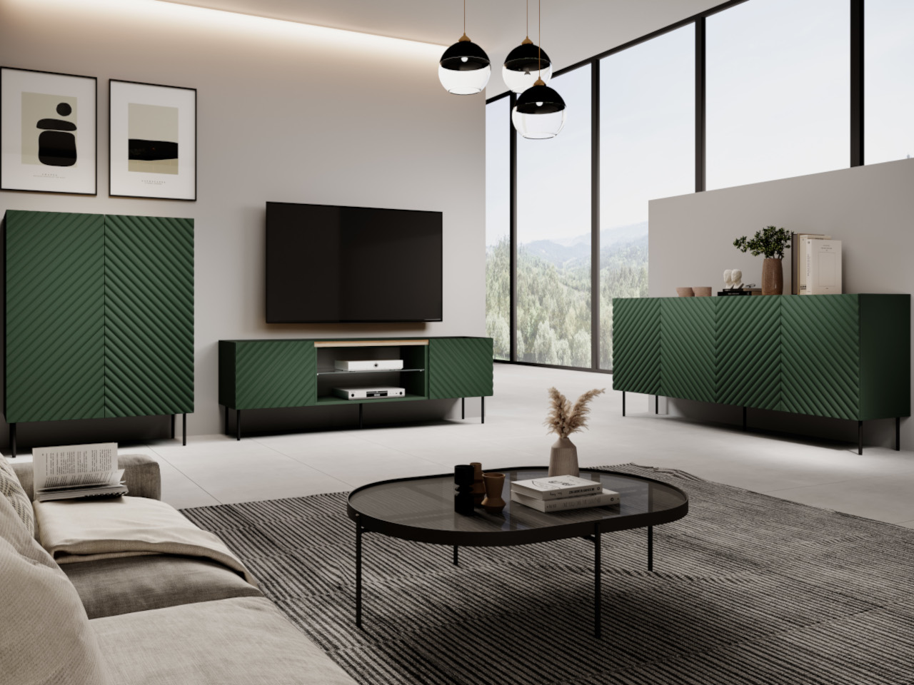 TV cabinet INDA 4D green / artisan oak
