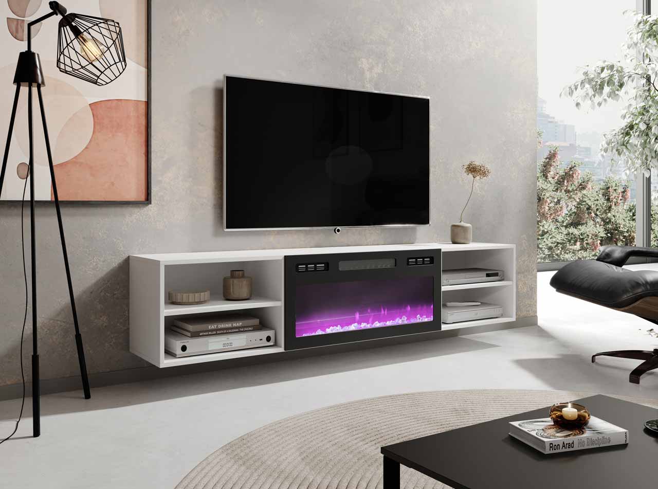 TV Cabinet POLO 180 EF white / fireplace black