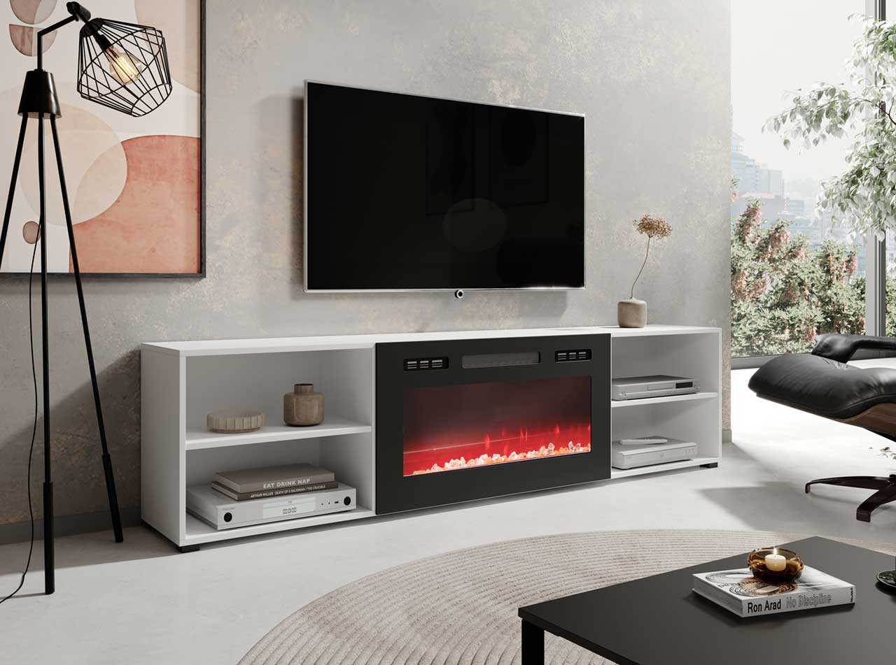 TV Cabinet POLO 200 EF white / fireplace black