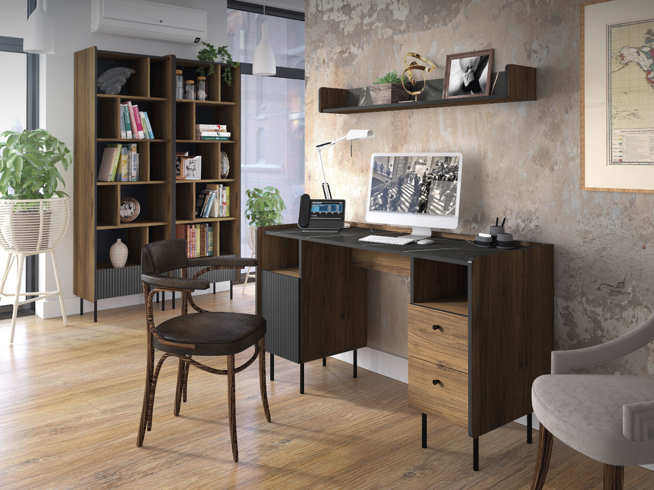 Office furniture set PRESTI 3 warmia walnut / black
