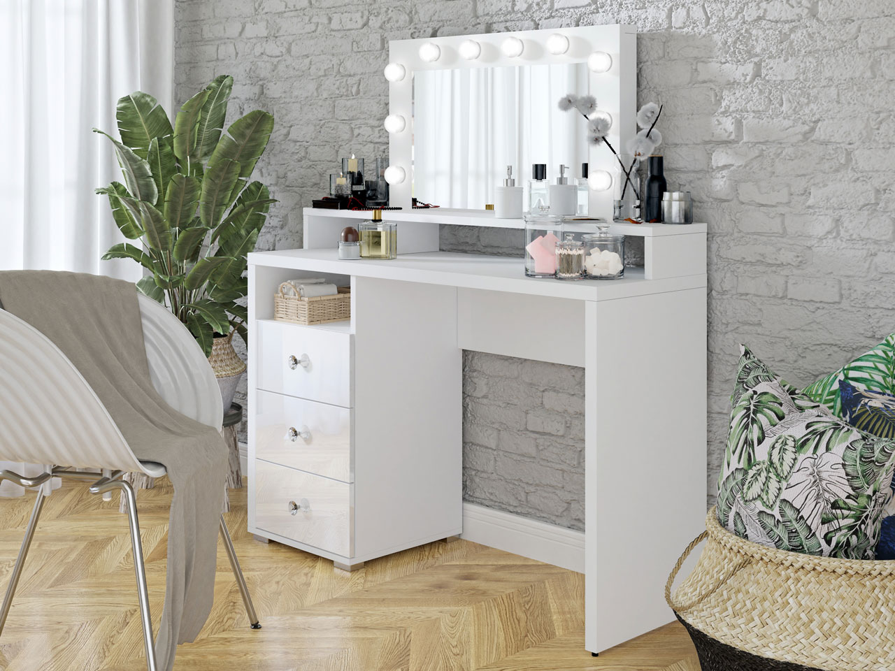 Dressing table with mirror and lighting DIVA white