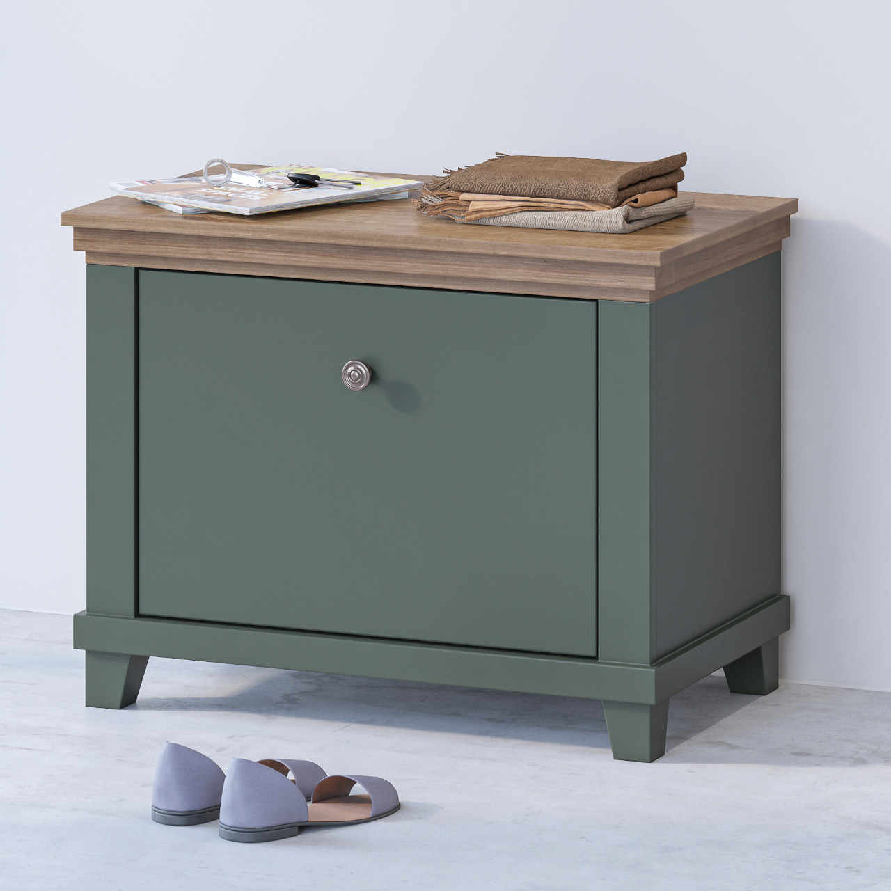 Shoe cabinet TEVORA EV38 green / lefkas oak