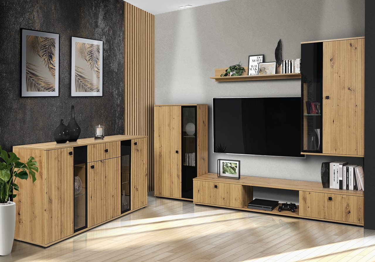 Entertainment unit with storage cabinet SALSA SLATS artisan oak