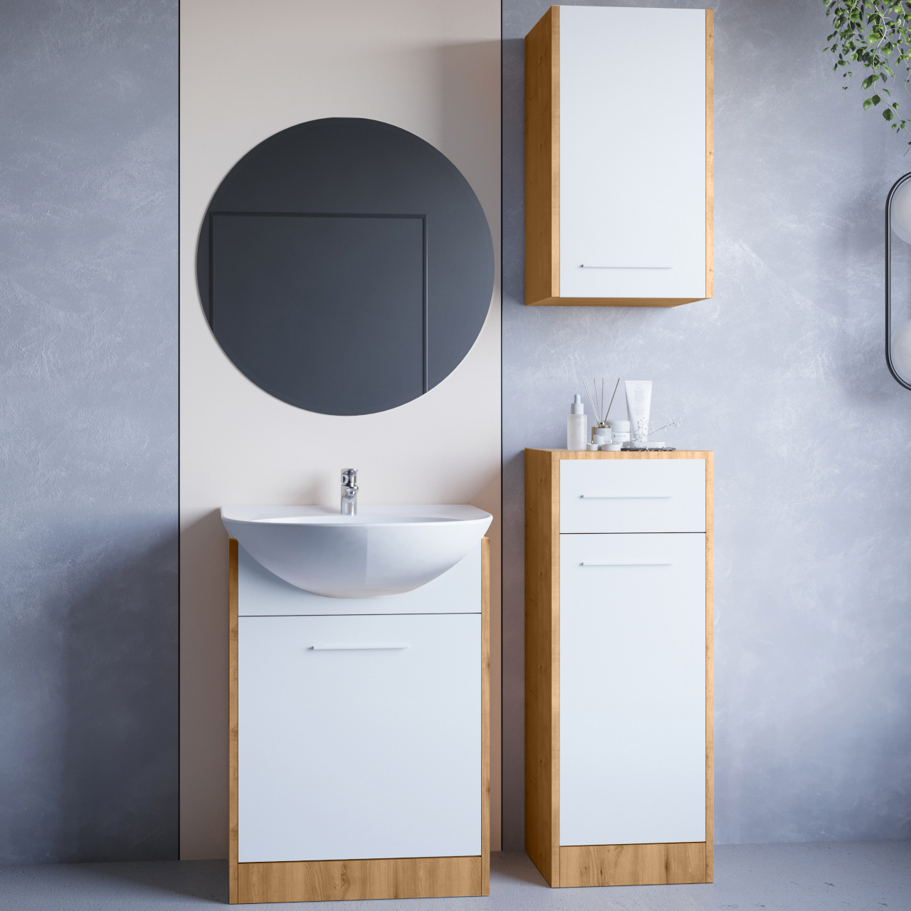 Bathroom Furniture with Mirror NEPPA artisan oak / white laminate