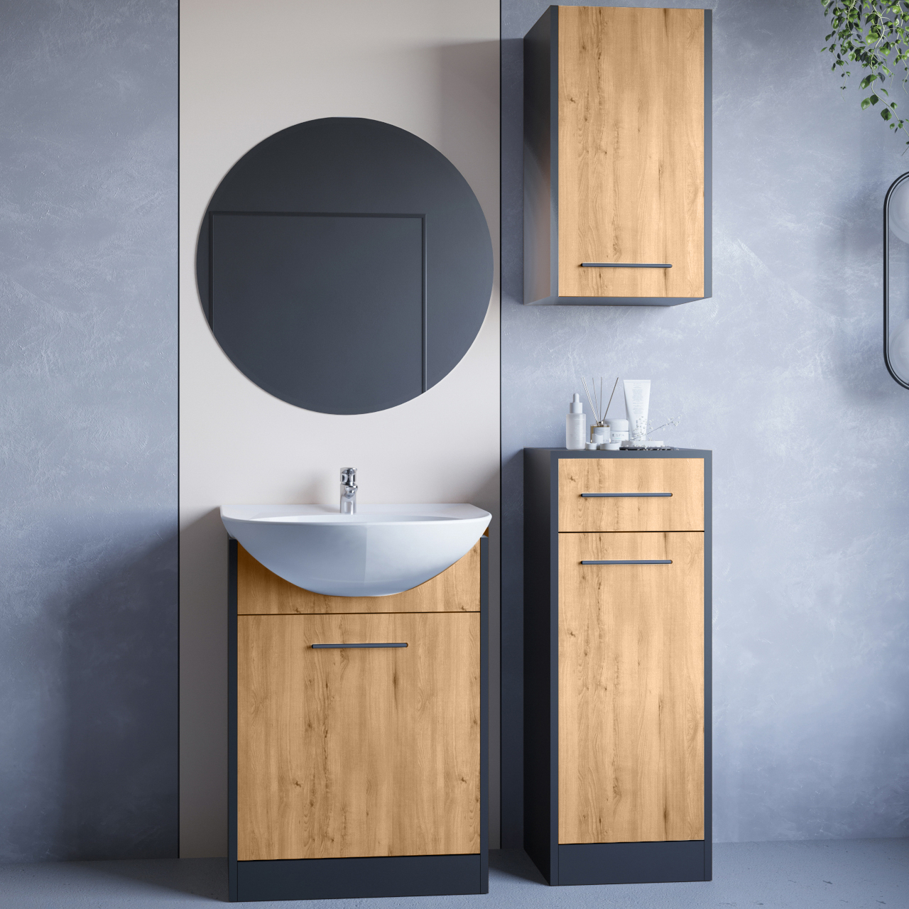 Bathroom Furniture with Mirror NEPPA black / artisan oak