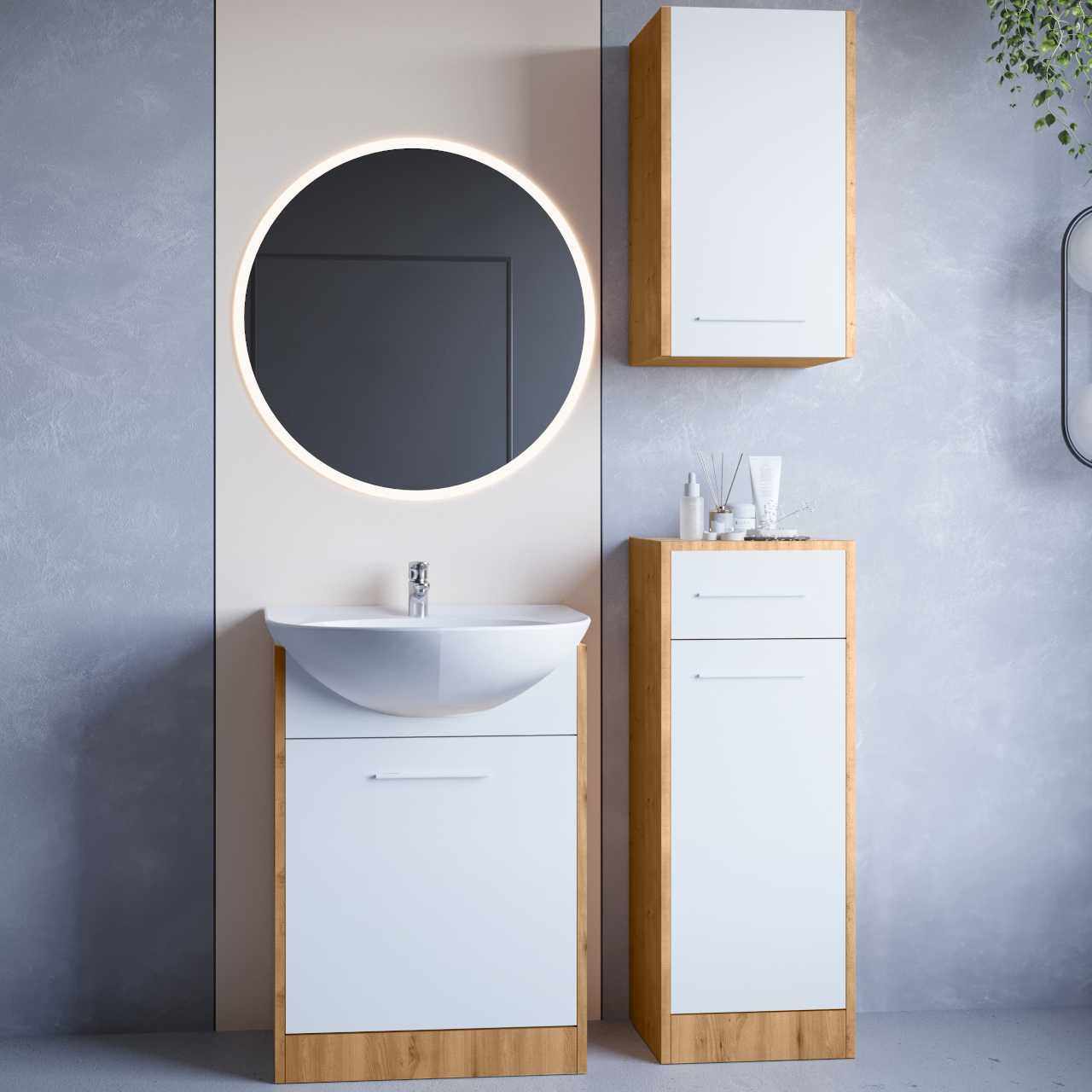 Bathroom Furniture with Mirror NEPPA LED artisan oak / white laminate