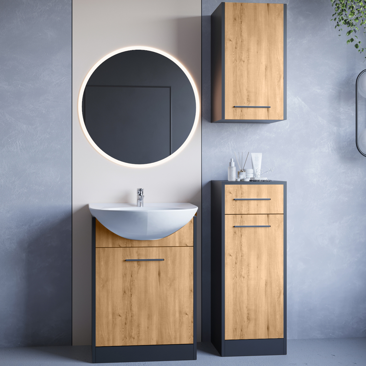Bathroom Furniture with Mirror NEPPA LED black / artisan oak