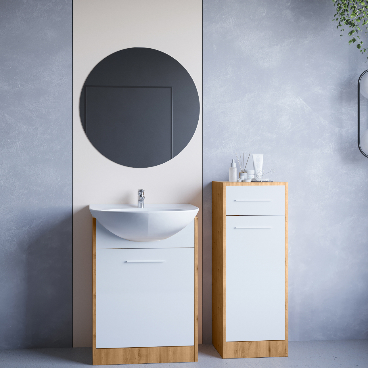 Bathroom Furniture with Mirror NEPPA MINI artisan oak / white laminate