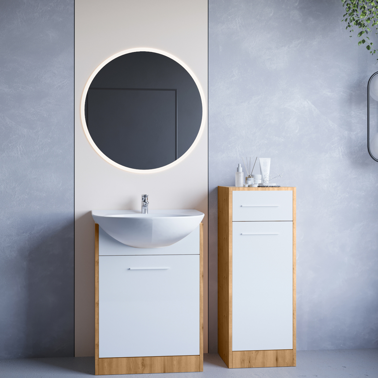 Bathroom Furniture with Mirror NEPPA MINI LED artisan oak / white laminate