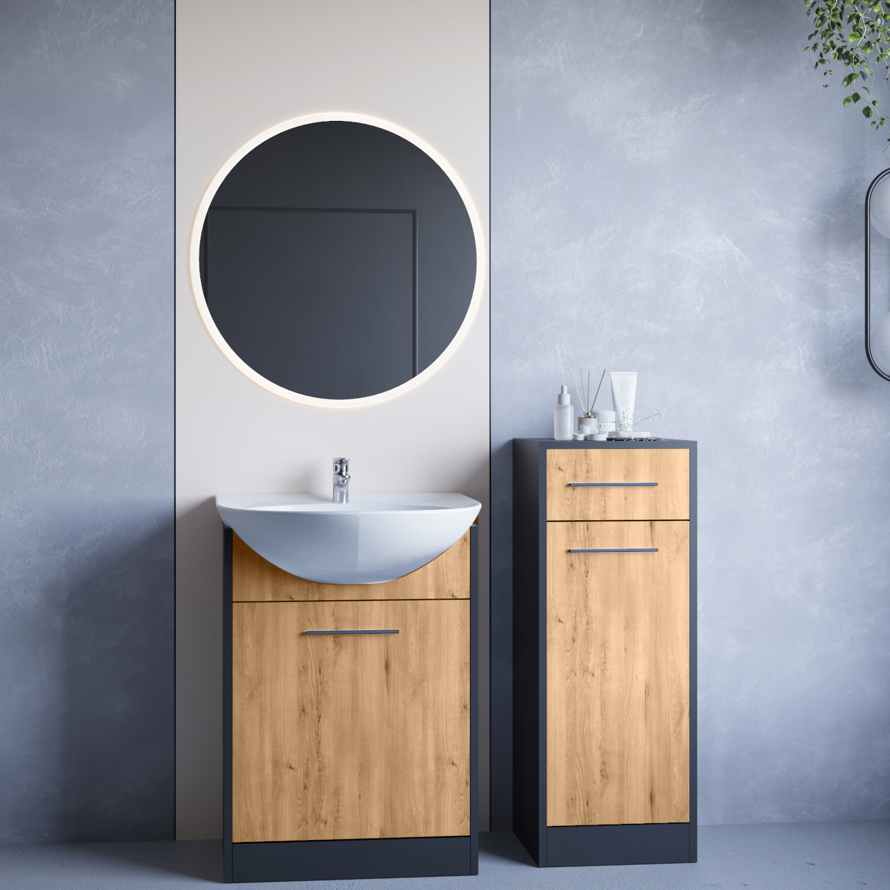 Bathroom Furniture with Mirror NEPPA MINI LED black / artisan oak