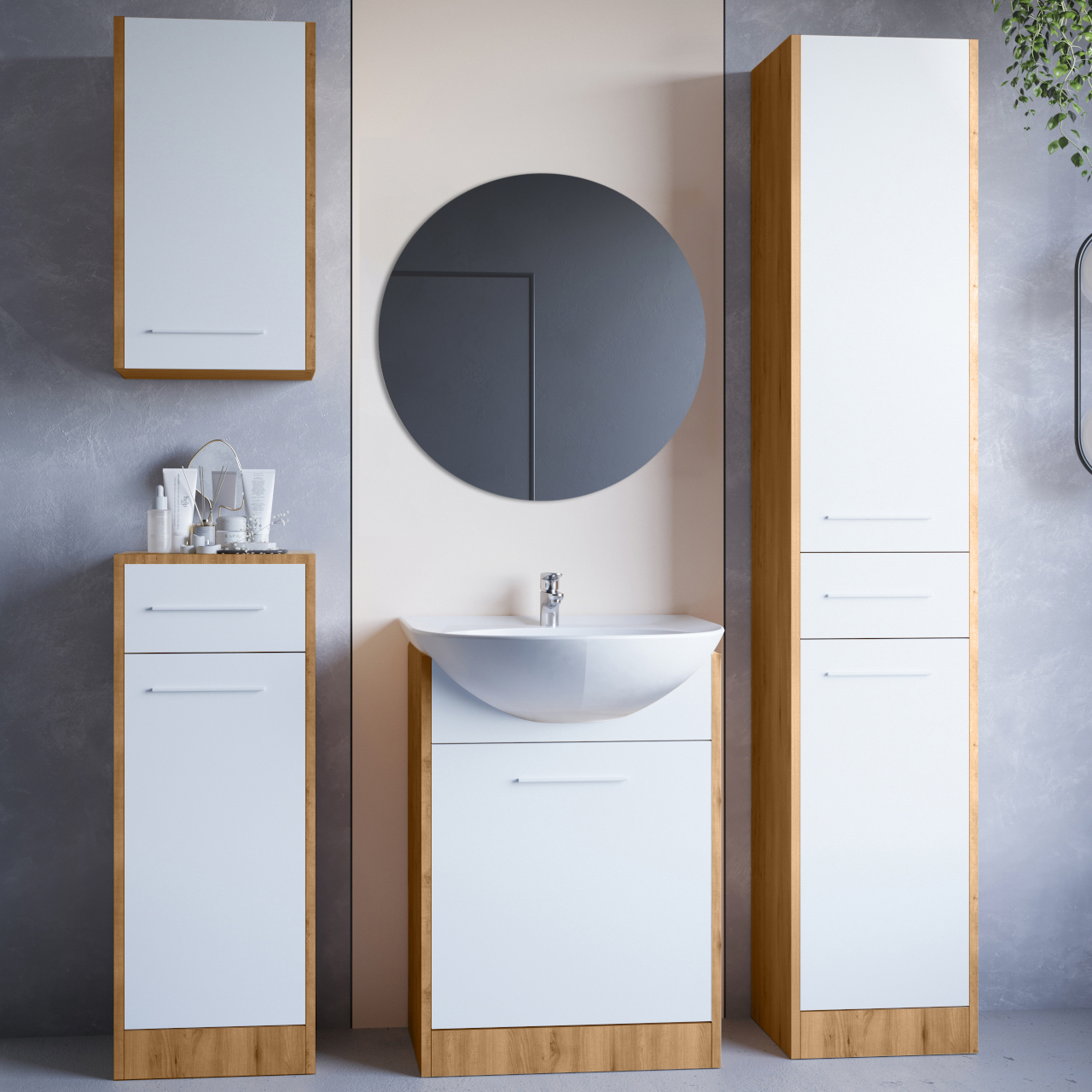 Bathroom Furniture with Mirror SLIDO artisan oak / white laminate