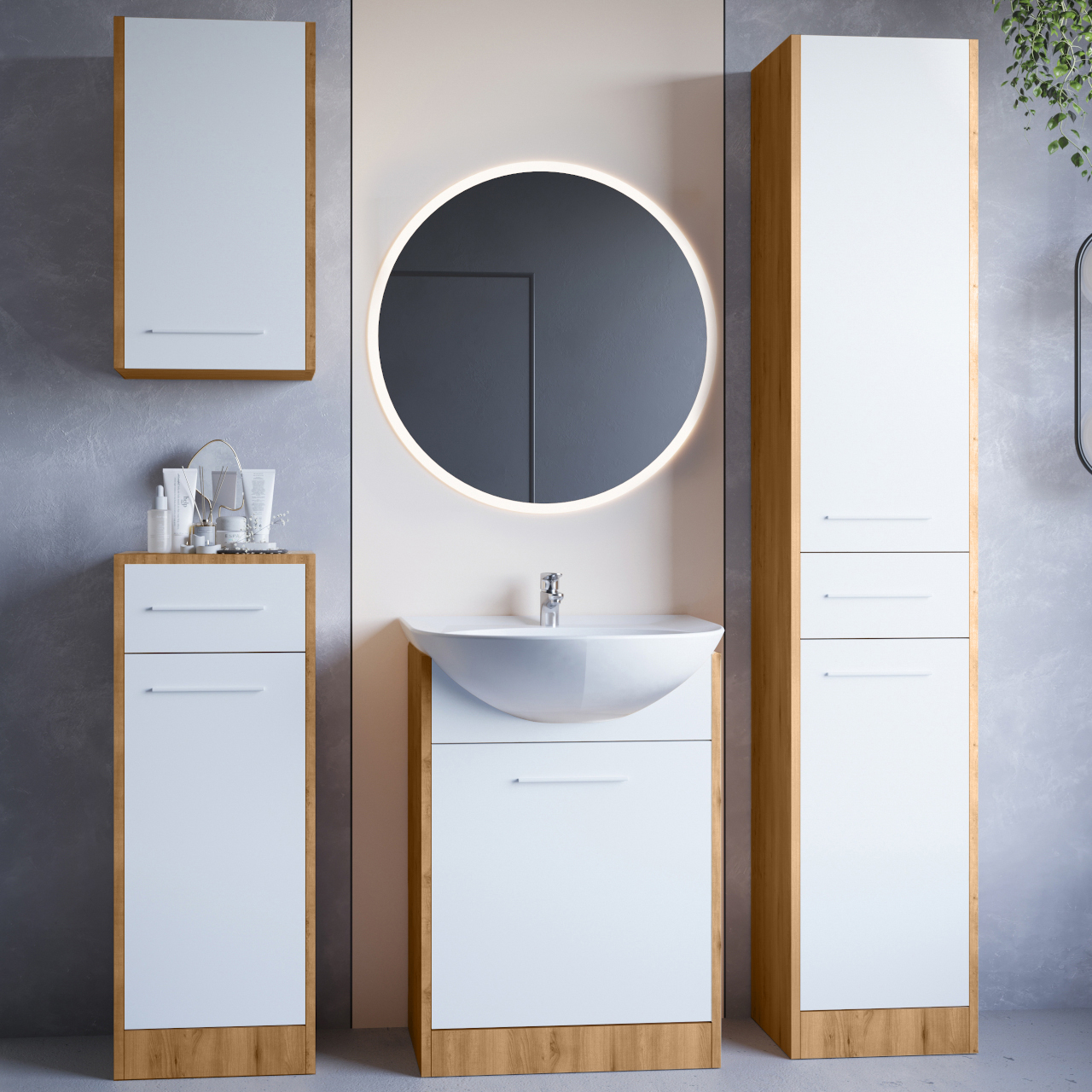 Bathroom Furniture with Mirror SLIDO LED artisan oak / white laminate