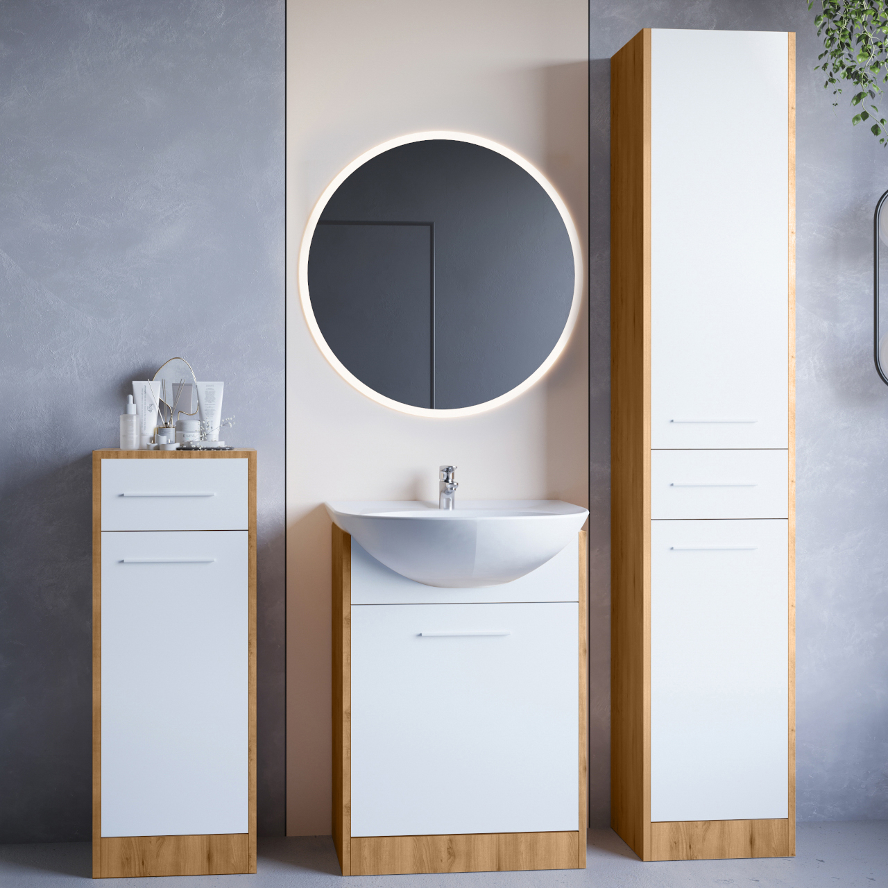 Bathroom Furniture with Mirror SLIDO MINI LED artisan oak / white laminate