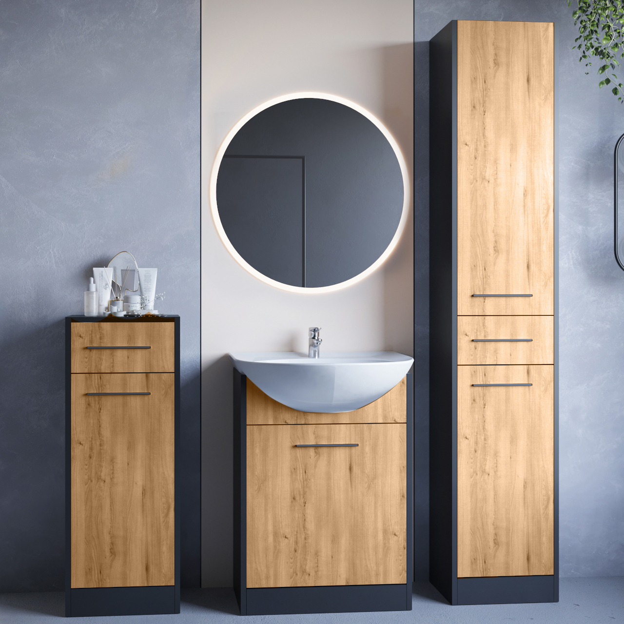 Bathroom Furniture with Mirror SLIDO MINI LED black / artisan oak