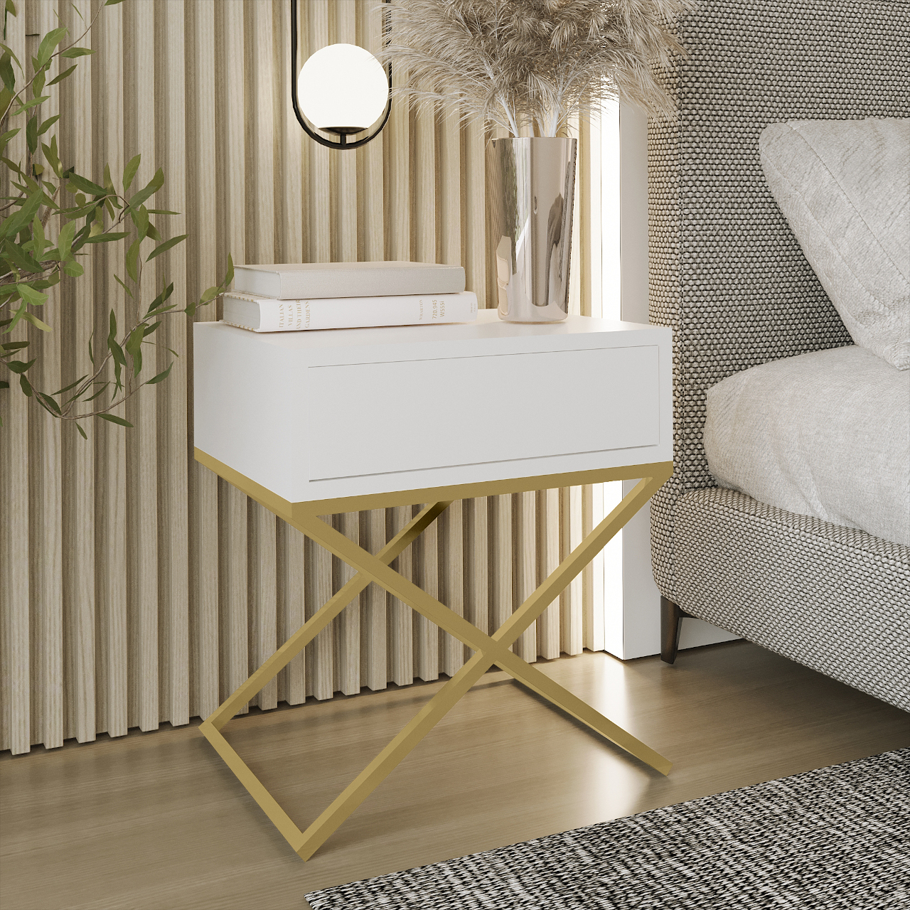 Bedside cabinet SIENA white / gold