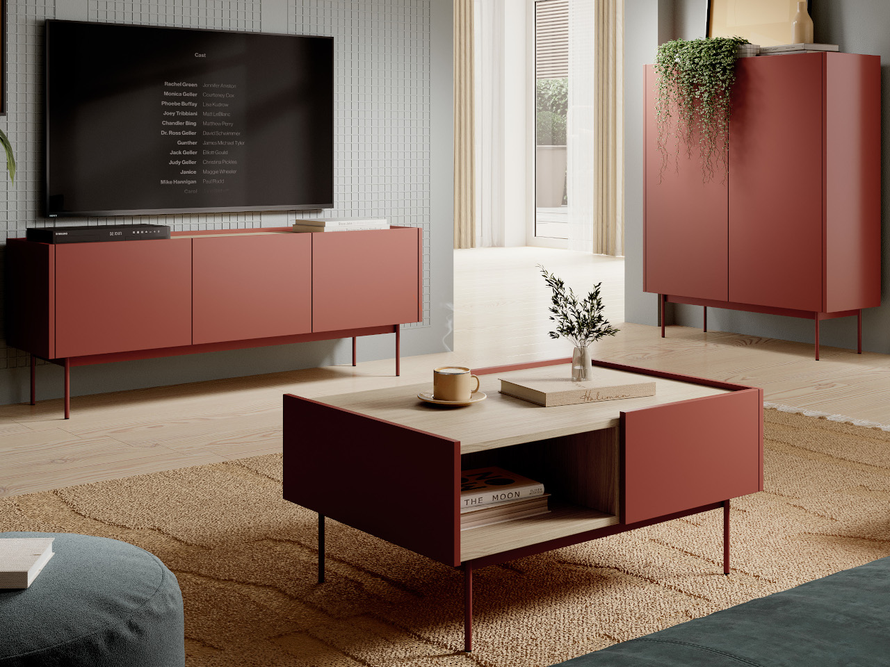 TV cabinet COLOUR 01 ceramic red / linea oak