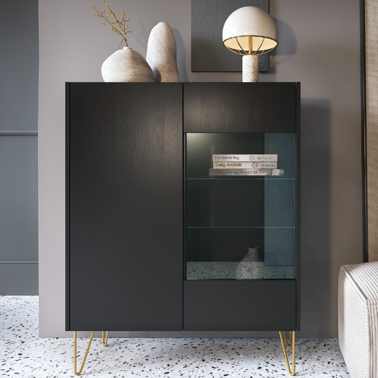 Display cabinet HARMONY 04 black / black marble