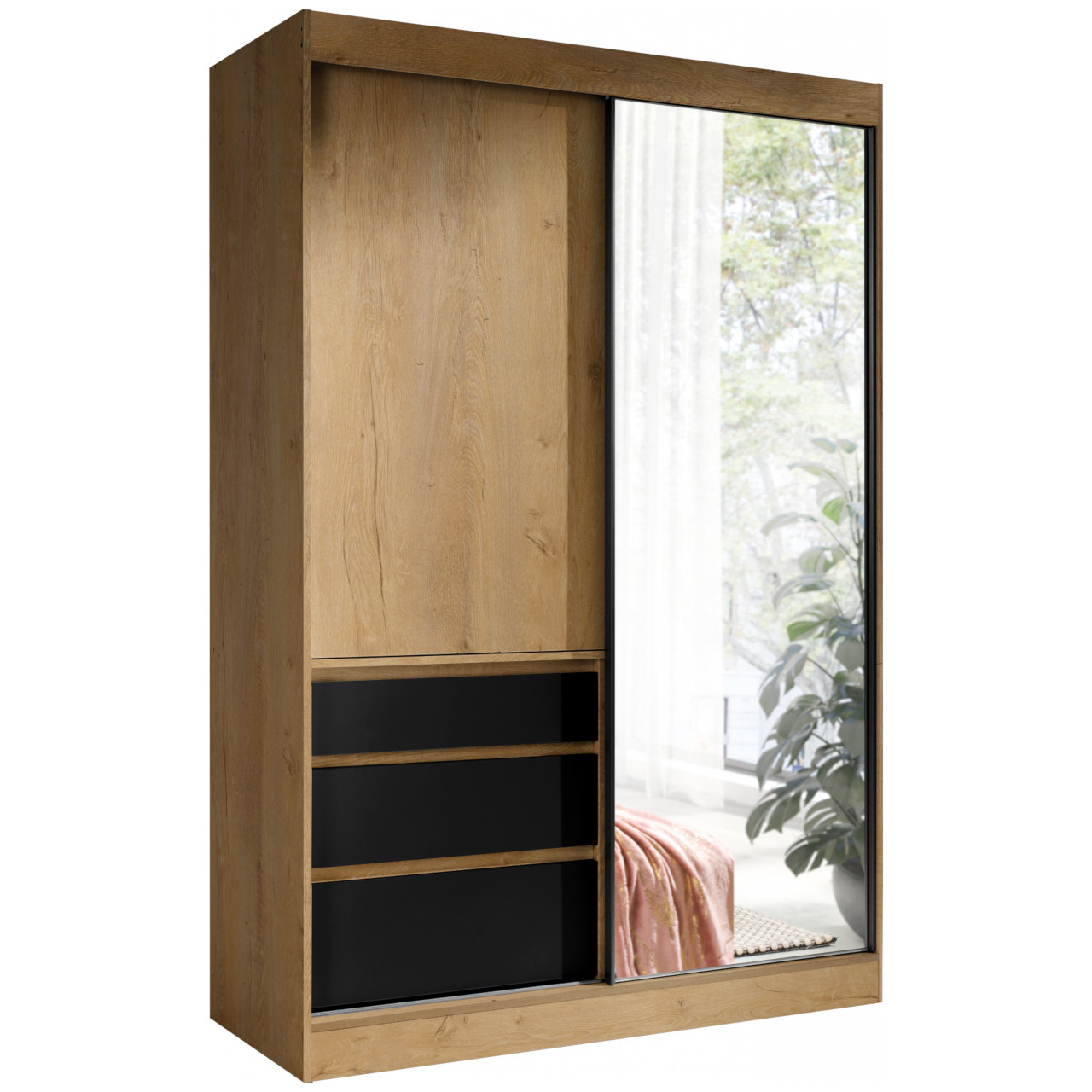Sliding wardrobe HAITI 140 with drawers lefkas oak / black