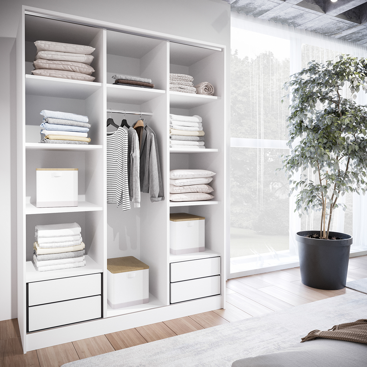 Sliding Wardrobe with Mirror and Drawers GRANO C 150 white
