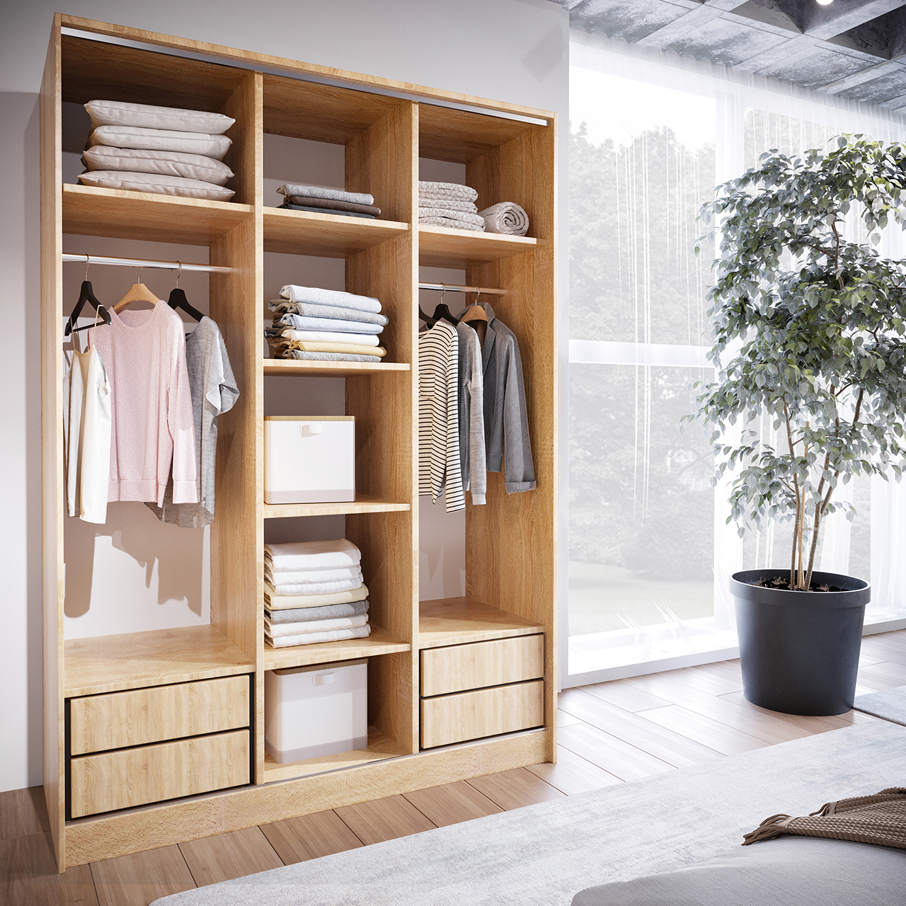 Sliding Wardrobe with Mirror and Drawers GRANO D 150 sonoma