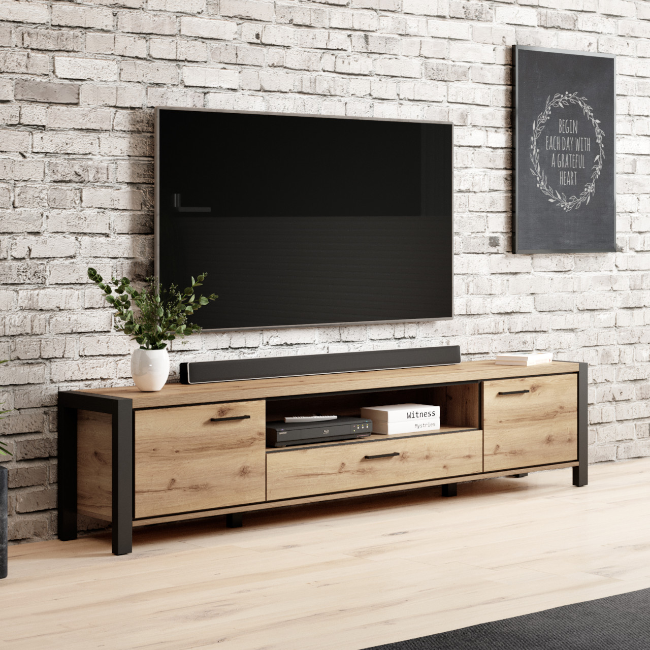 Oak and black on sale metal tv unit